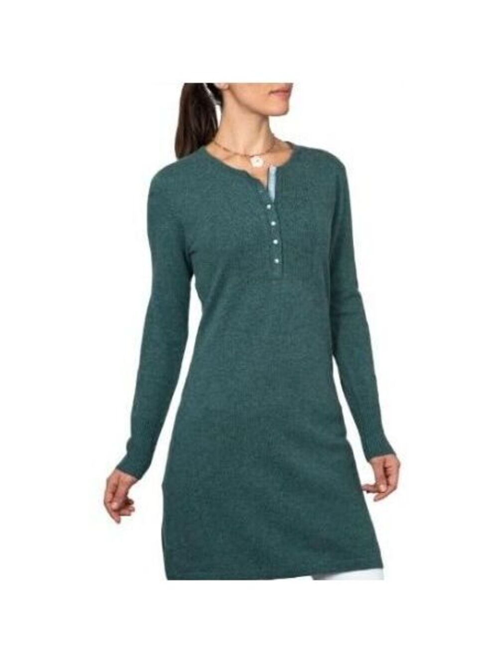 WoolOvers Large $195 Seafoam Teal Cashmere Merino Wool Henley Sweater Dress